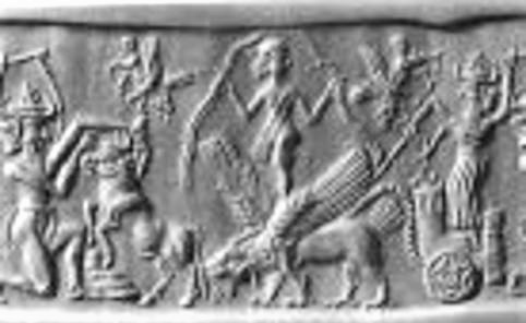 25 -unidentified sacrificing a bull, naked Inanna in the air, Ninurta in chariot pulled by winged storm beast