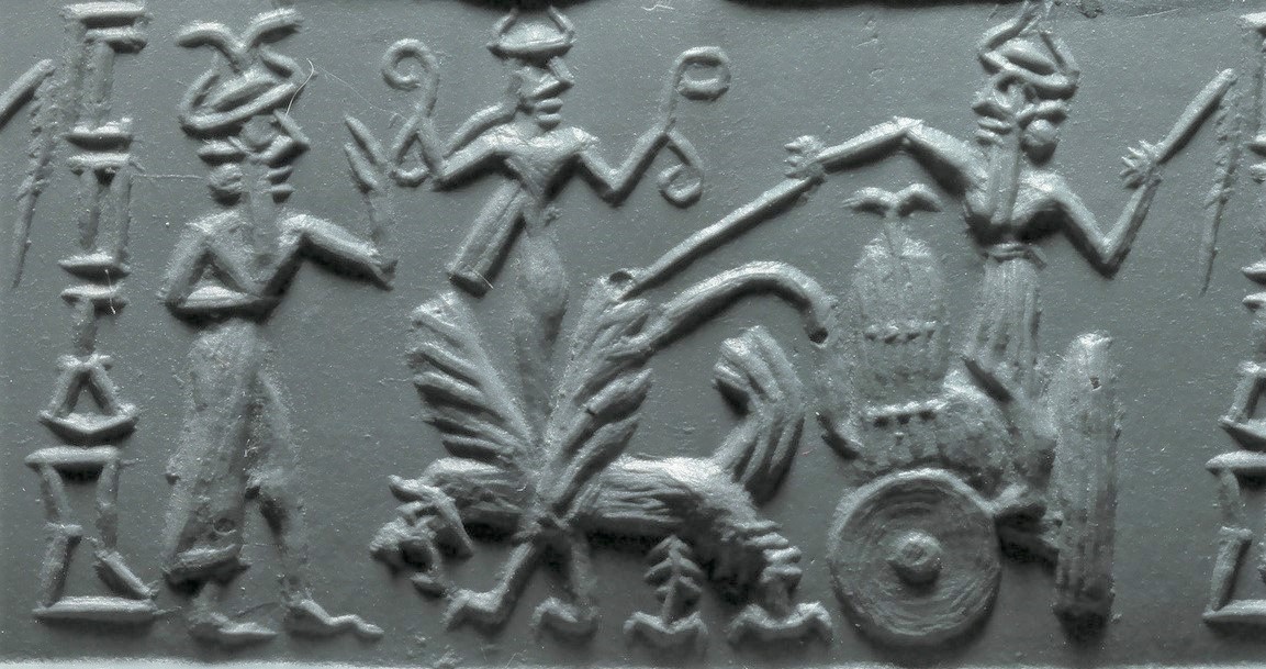 27 - Ashur, Inanna, & Ninurta in sky-chariot with his double-headed eagle & winged beast symbols
