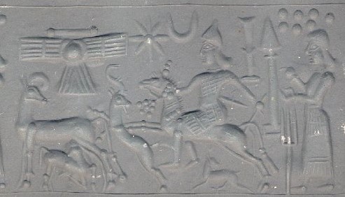2ab - Inanna on horseback & Ninhursag cautioning_ Nibiru winged sky-disc / flying saucer, Anu's 8-Pointed Star, Nannar's Moon Crescent, Nabu's Stylus, Marduk's Rocket, Enlil's 7-Planets, & Adad's Fork symbols