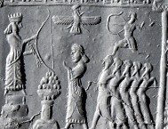 2b - Marduk in his winged sky-disc / flying saucer in areal battle with Ninurta, Inanna atop her ziggurat residence, & Ninhursag; cousins battle cousins for supremacy on Earth