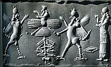 2c - Sky God King Anu in his winged sky-disc / flying saucer, & Crown Prince Enlil on the ground with 2 unidentified gods as animal symbols