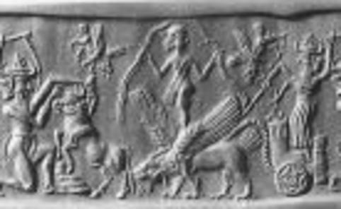 2h - unidentified sacrificing a bull, naked Inanna in the air, Ninurta in chariot pulled by fire-spitting winged storm beast / winged sky-disc / flying saucer