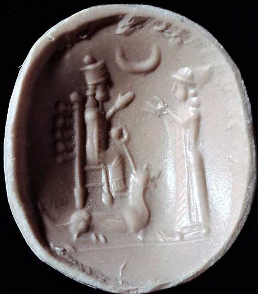 2i - ancient stamp seal with sisters Bau with her guard dog, & Ninhursag with guiding advice