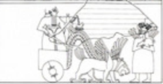 2k - Ninurta in his sky-chariot pulled by his winged beast / flying saucer, & his mother Ninhursag looks on