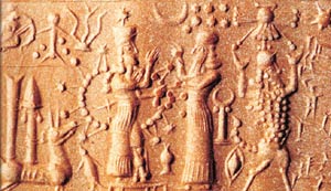 2m - Inanna with alien powers & Enlil the alien Earth Commander; strange bull-god under their winged sky-disc / flying saucer