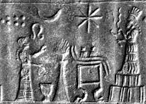 2n - Ninhursag looking up to nephew Adad standing upon his ziggurat residence holding on to his alien weapon technology; Ninhursag's umbilical chord cutter symbol by her head