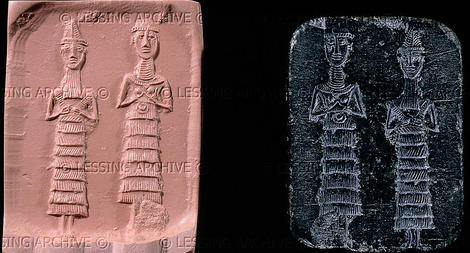 2v - Ninurta & his spouse-aunt Bau; clay mold reverse-carved for proper image