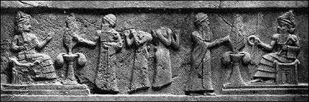 3 - goddess of Ur Ningal, 2/3rds divine giant king of Ur Ur-Namma, & Nannar - Sin, his patron god, with his goddess mother Ninsun damaged