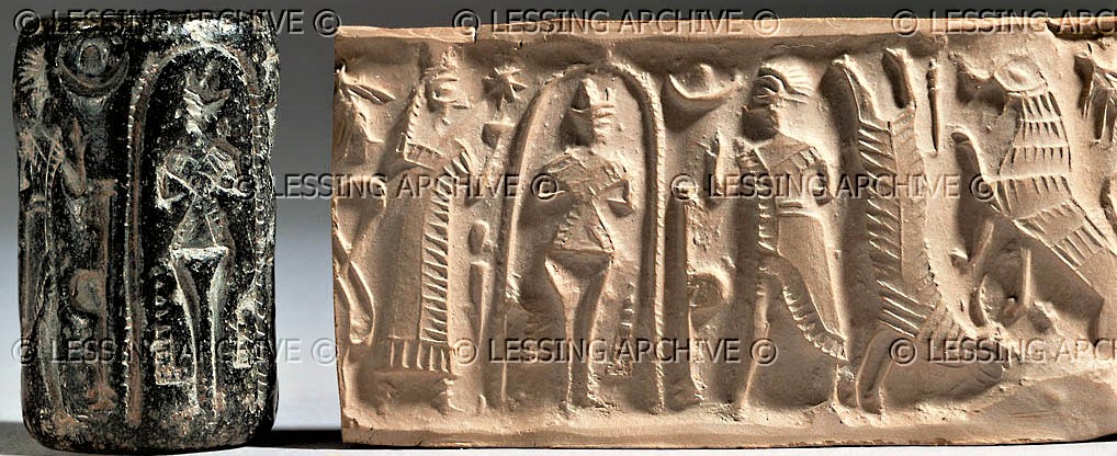 35 - Ereshkigal, nude Inanna inside her landed shem, & Namtar in the Under World; Inanna is depicted as a pilot in many ways in dozens & dozens of artifacts