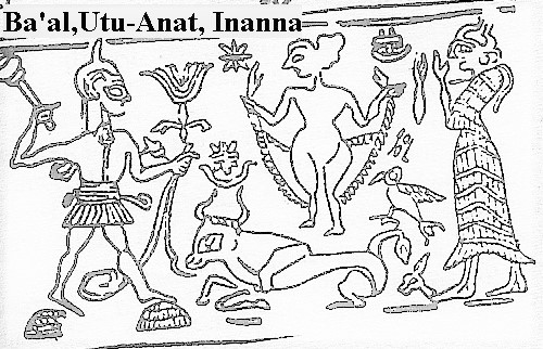 36 - Utu/Ba'al, Anat/Inanna encircled by her airborn shem, & Ninsun; alien technologies allow Inanna to hover in the air