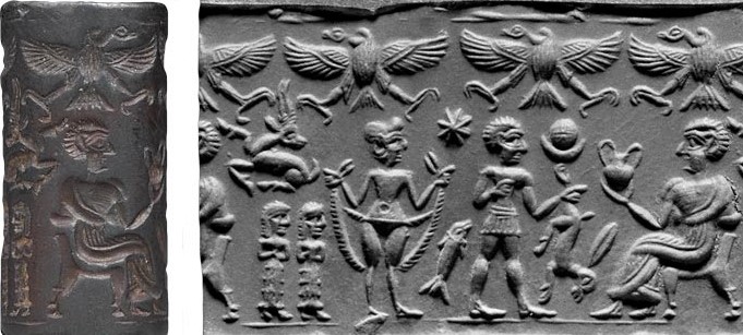 37 - nude Inanna encircled by her shem, Utu, & their father Nannar; that is not a skirt or jump rope in Inanna's hands, it is alien technology