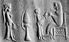3a - unidentified goddess, possibly Ningal, semi-divine high-priest, & Ninhursag, the wise patron goddess of Kish