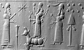 3b - Enlil directing son Ninurta with Enki present Enki; Ninurta holding a scepter standing upon Adad's bull symbol, Marduk's large rocket symbol present