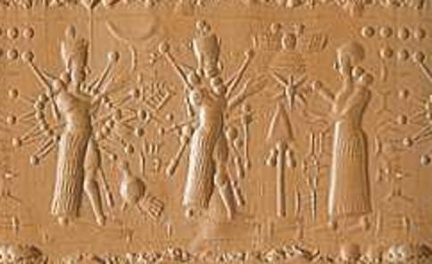 3c - Goddessa of War Inanna, warrior god Ninurta, & his mother Ninhursag giving caution against a war between cousin gods