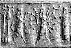 3e - unidentified bull-god possibly Ninurta, the Goddess of War Inanna, & her grandaunt Ninhursag cautioning them against attacks on other gods