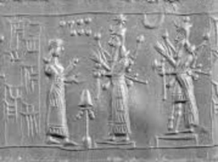 3e - Ninhursag, her warrior son Ninurta, & warrior god Adad, both sons to Commander Enlil; ancient scene so important that this artifact was fashioned to preserve it for all time