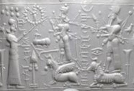 3h - Ninhursag, her son Ninurta, & Adad; Sun god Utu above in his Sun sky-disc / flying saucer; obvious ancient depiction of a flying saucer with gods inside it