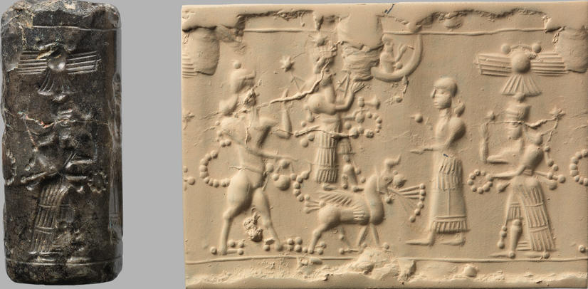 3j - unidentified bull-god, psssibly Adad, Ninurta riding winged storm-beast, mother Ninhursag, & Inanna, & Moon god Nannar in his Moon sky-disc / flying saucer above; obvious ancient scene with a flying saucer manned by a god, the "Man in the Moon"