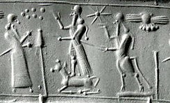 3k - Enlil, Adad atop his bull symbol for Taurus, & unidentified bull-god as animal symbol; Marduk's rocket symbol in the scene