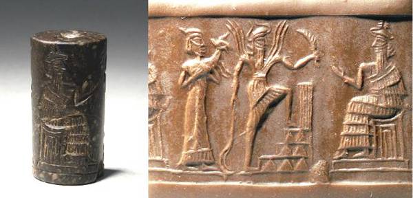 3q - goddess Aya with dinner sacrifice, & her spouse Utu entering Enlil's E-kur ziggurat residence in Nippur, Enlil on his throne; Utu carrying his alien high-tech rock-cutter saw