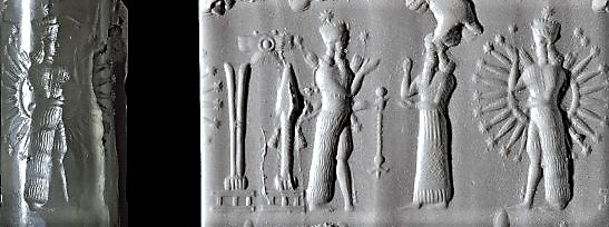 3t - Marduk holding scepter standing before Commander uncle Enlil, & Inanna with many alien powers; Nabu & Marduk symbols under their winged sky-disc / flying saucer