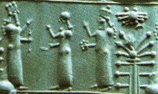 3u - Marduk, Enlil, & Inanna, same as previous slide & Tree of Life below their winged sky-disc / flying saucer