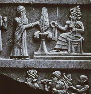 4 - Ur-Namma Stele; top panel is King Ur-Namma & Nannar, bottom panel Nannar leads Ur-Namma to repair ziggurat residences of the gods