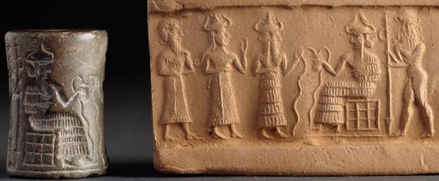 4ea - semi-divine leader of earthlings, Ninhursag, 2-faced Isimud, Enki seated, & his giant mixed-breed worker; a time long ago when the gods walked & talked with semi-divines