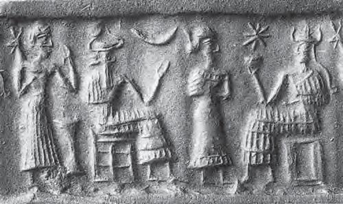 4a - semi-divine earthling with dinner offering, Enki, semi-divine female, & Ninhursag; a time long forgotten when the gods walked & talked with the semi-divine