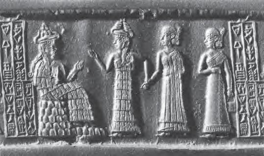 4c - Ningal, Inanna, her female semi-divine spouse, & an assistant; Inanna brings semi-divine king as her spouse before her mother Ningal
