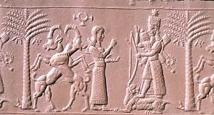 4c - Ninhursag speaking to Goddess of War Inanna who wins war over Jericho, 720-700 B.C.; Inanna would sometimes lead the battle from the front, never worrying about injuries