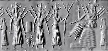 4c - Haia the god of barley, unidentified grain god, Enlil with plow, & Nisaba the, goddess of grains, a time in our forgotten past when the gods did the work before mankind existed