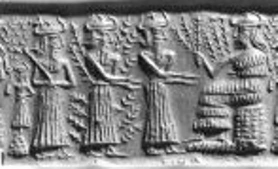 4d - Ninlil in background, Enlil, Haia, unidentified, & Nisaba; Nisaba recorded as Chief Scribe each harvest, she measured, counted, & stored for distribution each year