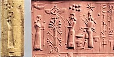 4f - Ninhursag, Anu above in his winged sky-disc / flying saucer directly above the Tree of Life, & goddesses Ningal, & Inanna