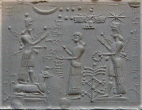 4h - Adad, Ninhursag, Inanna, & Enllil hovering above in his winged sky-disc / flying saucer; a time long ago when the gods came down to Earth