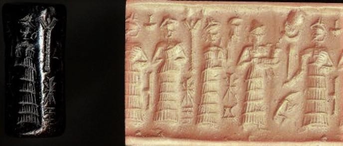 4j - Nannar's spouse Ningal, Ninsun, Nannar bringing dinner, one from his very large herd in Ur, & his father Enlil, scene shows Nannar supply the meat for the gods from Ur