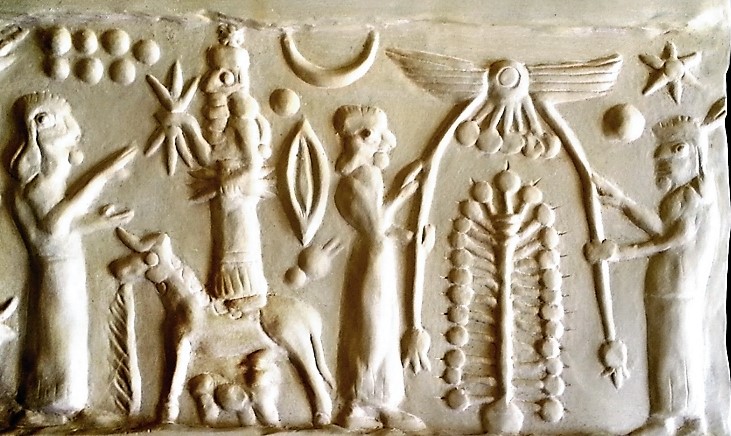 4j - Ninhursag, Adad, & 2 unidentified goddesses with Tree of Life below winged sky-disc / flying saucer