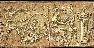 5 - Nergal standing on tree, Ninlil kneeling at the door to the Under World, & Enlil inside the Under World being saved by Ninlil; Utu receives smoke offering from semi-divine king