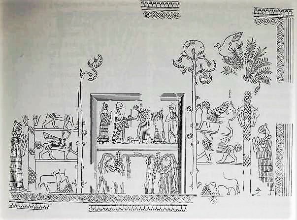 55 - Ninsun, hser semi-divine son-king, Inanna with foot on earthling, etc; Mari mural