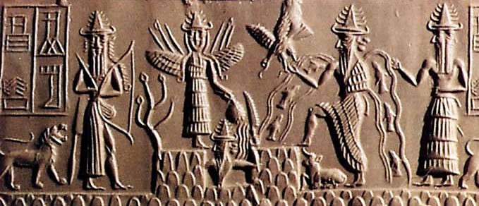 5a - Enlil with bow, winged pilot Inanna & twin Utu with his rock saw, Enki gushing waters of life & his 2-faced vizier Isimud; scene shows Utu cutting the mountains while Enki brings forth the waters; cylinder of Adda;