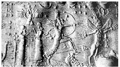 5c- Ninurta in his winged sky-disc / flying saucer, & Inanna in her star sky-disc / flying saucer, Enlil & Ninhursag in conversation, & their son Ninurta in combat with Anzu
