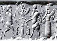 5d - Anu in his sky-disc above Tree of Life, 2 unidentified bull-gods, & winged pilot Marduk