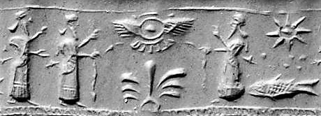 5d - Ninurta, his father Enlil, & uncle Enki; winged disc above is a depiction from ancient days of a winged sky-disc / flying saucer