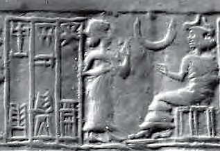 5d - unidentified female & Ningal; scene where Ningal is in position of authority as the Queen goddess of Ur