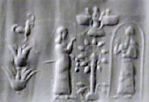 5f - Ninhursag & Enki with their feet upon the ground, King Anu, Son Enlil, & grandson Ninurta above in their winged sky-disc / flying saucer; for the gods to get to Earth they needed flying saucers