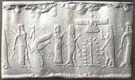 5j - Ninurta, his mother Ninhursag, Dagan as Enki, Anu in his winged sky-disc / flying saucer, & Abgal in alien wet suit