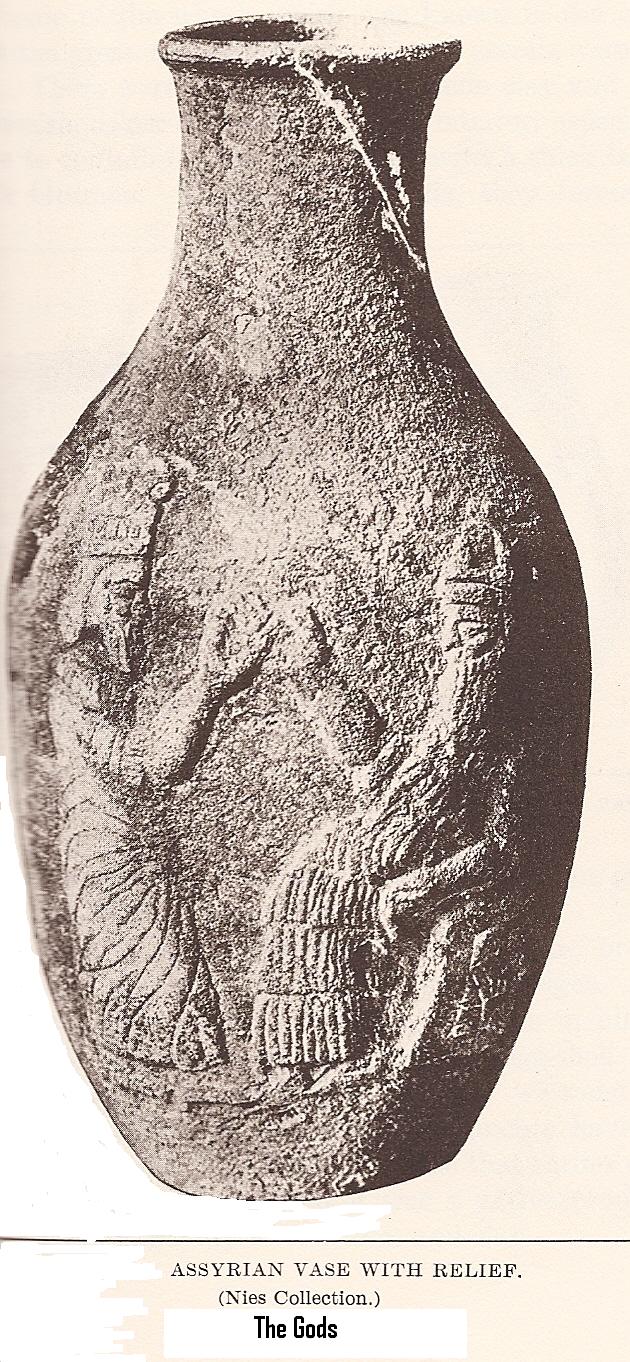 5k - Ninurta & aging father Enlil, Assyrian vase artifact; artifacts of the gods are being destroyed by Radical Islam in museums & outside as well
