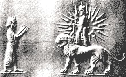 6 - Anu & Inanna upon Leo the Lion symbol; SEE INANNA SEIZES THE E-ANA TEXT