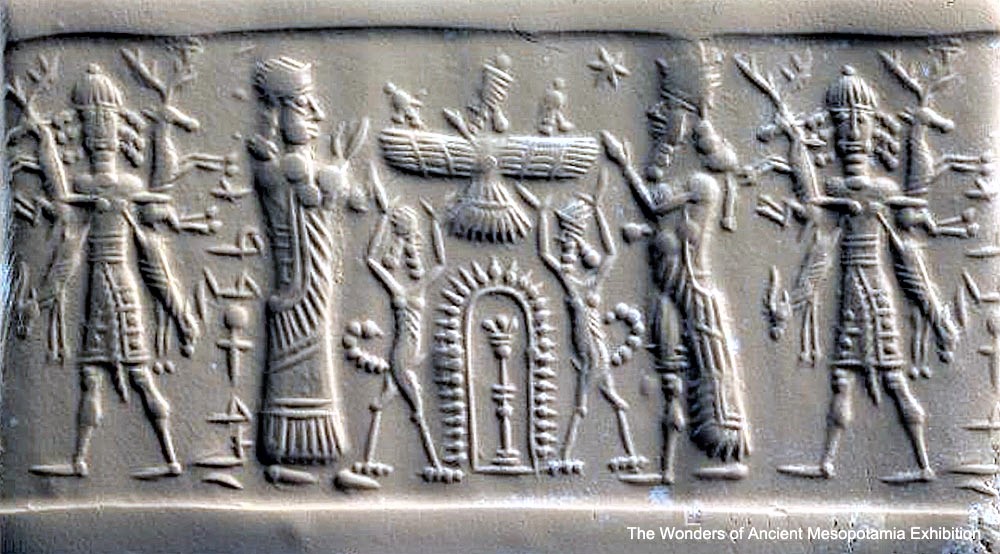 6 - giant semi-divine mixed-breed king, Ninhursag, the 3 main gods Enlil, King Anu, & Enki in their winged sky-disc / flying saucer, & Ninurta_ the top of the Royal Family from Nibiru; the giant is holding in the air 4 large animals way over 1,000 poinds