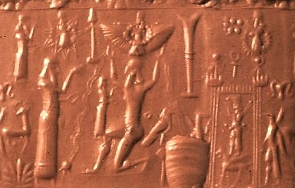 6 - IMPORTANT! Utu, Inanna, & Nannar each in their sky-discs / flying saucers, Enlil on the ground, & Bau atop her winged guard dog, unidentified below Inanna; scene has 3 different spacecraft with 3 different gods as pilots